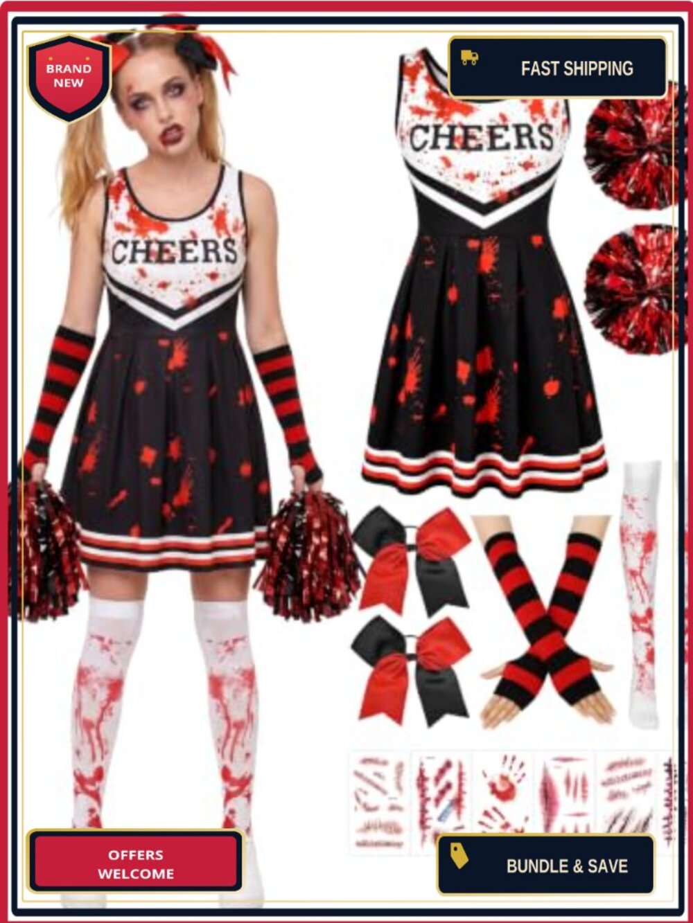 Zombie Cheerleader Costume Set Dress Pom Poms Bows Gloves Socks